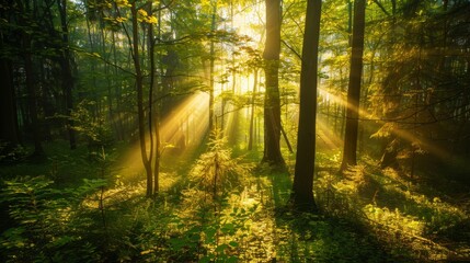 Emerald green and goldenrod, rich forest clearing theme, sunlight filtering through trees, natural splendor, vibrant underbrush, serene woodland, golden light rays, lush outdoor environment
