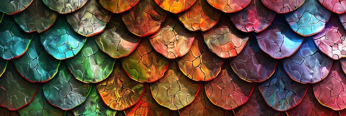Background Texture Pattern in the Style of Mythical Beast Scales - Imaginary beast scale textures in vibrant colors for fantastical designs created with Generative AI Technology - obrazy, fototapety, plakaty