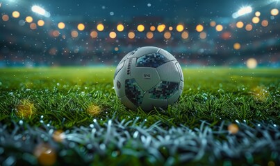 A close-up view of a classic black and white soccer ball on a dewy green grass field, illuminated by stadium lights at night. - obrazy, fototapety, plakaty