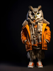 Creative animal concept. Owl bird full body in hip hop stylish fashion isolated on dark background, commercial, editorial advertisement, surreal, copy text space