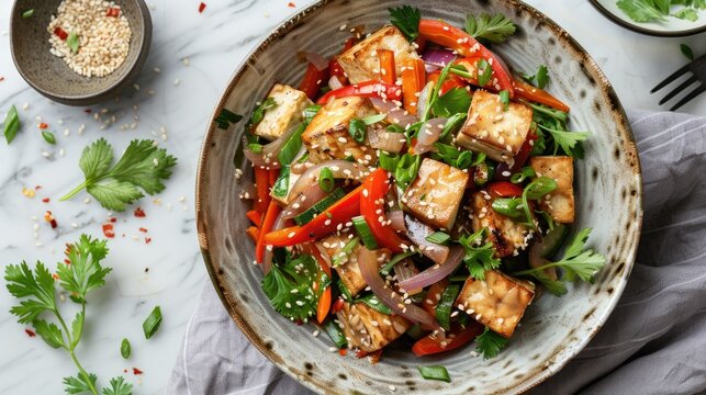 Tofu stir fry with bell peppers, onions, and sesame seeds. Food photography with top view. Healthy eating and vegetarian food concept. Design for recipe book, menu, blog.
