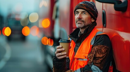 A man wearing an orange vest, holding a cup of coffee.