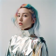 Junge Frau mit Haare in Regenbogenfarben gefärbt, metallischer Overall - obrazy, fototapety, plakaty