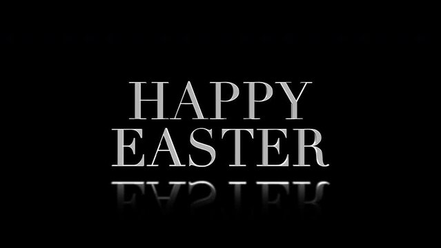 The Happy Easter logo features golden letters on a black background. The design celebrates the joy of the Easter holiday with its simple yet elegant typography