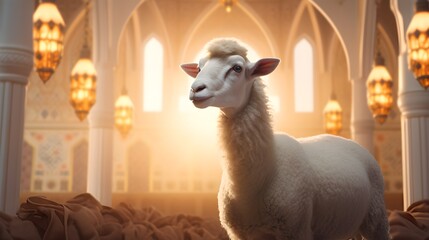 Naklejka premium Sheeps with mosque in background with Islamic landscape background, Eid al-Adha, Happy Eid al-Adha