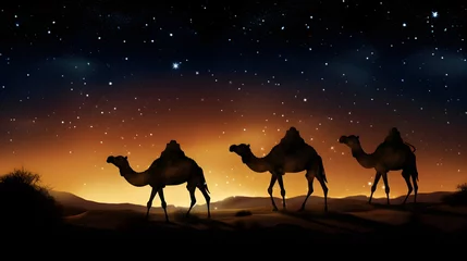 Foto op Plexiglas Silhouettes of camels in the desert at night on the background of the starry sky. Ramadan Kareem background © Canities