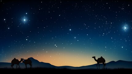 Silhouettes of camels in the desert at night on the background of the starry sky. Ramadan Kareem background