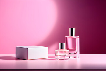 bottle of perfume on pink background