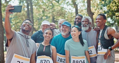 Fitness, people and sign for smile for selfie of success, achievement or exercise in marathon. Excited, runners, or fist pump to celebrate, victory and competition in park run in South Africa