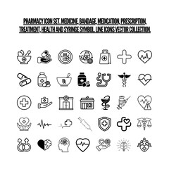 Pharmacy icon set. Medicine, bandage, medication, prescription, treatment, health and syringe symbol. Line icons vector collection.