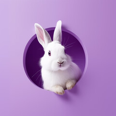 White Rabbit Peeking Out of a Circular Purple Background
