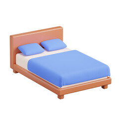 Bed, 3d icon. Double bed with pillows and blanket. 3D object on a transparent background