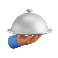 A hand with a food tray, 3d icon. Metal cloche. Restaurant. Food delivery. 3D object on a transparent background