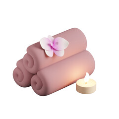 Spa, 3d icon. Spa relaxation treatments. Towels, candle and flower. 3D object on a white background