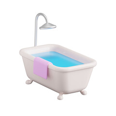Naklejka premium A bathtub with water, 3d icon. Towel and bathtub with shower. 3D object on a transparent background