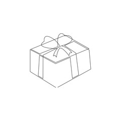 Gift box continuous one line drawing on white background.