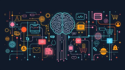 artificial intelligence in digital marketing and e-commerce. Include elements such as a neural network, digital marketing icons (like graphs and analytics)