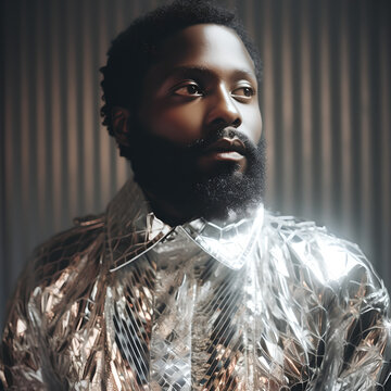 Portrait eines afrikanischen Mannes in silber-metallischem Anzug