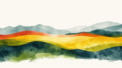 Colorful abstract watercolor landscape of layered mountains and fields.