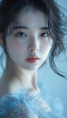 Portrait of beautiful asian women with organza dress. blue background