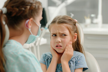 little girl complaining about toothache to her dentist at dentist's office