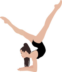 The gymnast executes the acrobatic exercise with grace and ease, demonstrating high flexibility and strength. Her pose embodies elegance and fluidity, while technique and control ensure precision and 