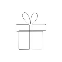 Gift box continuous one line drawing on white background.