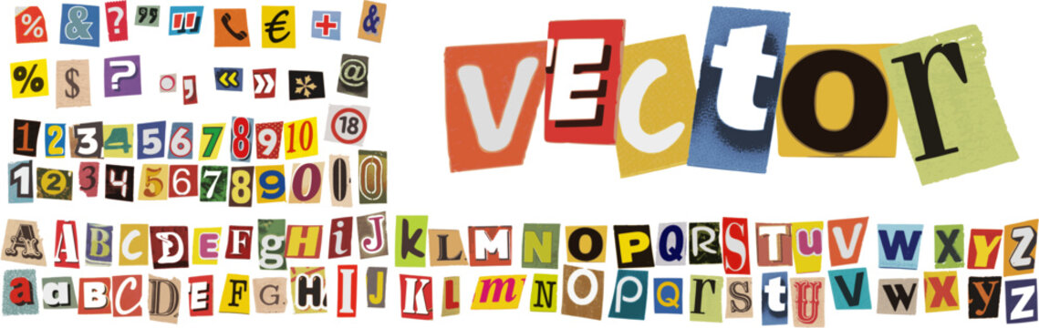 Retro Magazine Newspaper Cutout Letters Numbers and Punctuations Vector Format