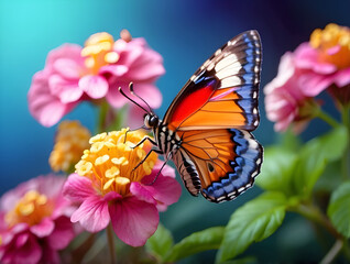 Colorful butterflies swarm on flowers amidst a beautiful natural background.