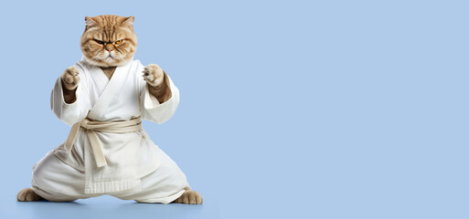 Fototapeta premium Funny cat in a white kimono doing karate or Asian martial art.