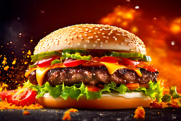 Image of  Burger with burger ingredients to use in food banner, ad, flyer, and social media post