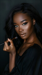 a beautiful black woman model holding makeup tools 