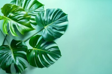Monstera leaves summer minimal background with a space for a text, flat lay, view from above. generative ai.