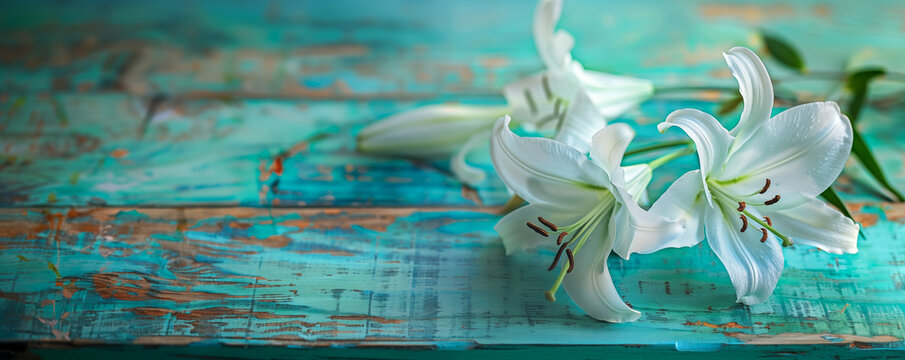 Spring background. Beautiful fresh flowers and leaves on a wooden background for Mother&rsquo;s Day. Teal, turquoise and blue Distressed wood with white lilies. Graphic resource for copy space by Vita