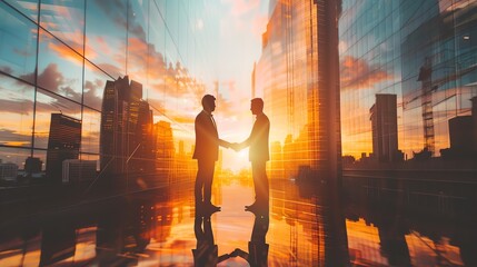 Businessmen handshake on an abstract background corporate skyscrapers at sunset, double exposure. Partnership, success, deal, agreement, cooperation, business contract concept - obrazy, fototapety, plakaty