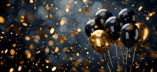 Gold and black balloons with golden confetti explosion flying around on a dark background. Elegant and luxury birthday card banner with copy space.