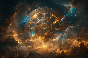 A majestic cosmic clock, blending with space nebula, symbolizing the concept of infinite time and universe - obrazy, fototapety, plakaty