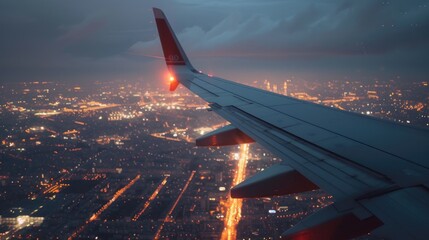 Plane wing with with the city light, View from plane window
