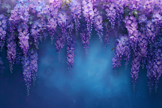 Spring wisteria blooming flowers in sunset garden. Purple japanese wisteria sinensis branch on blurred background for design greeting card, banner, poster, wallpaper, invitation with copy space