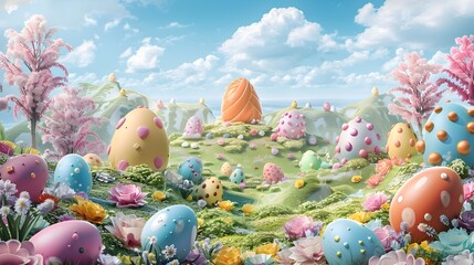Colorful Easter Egg Landscape, To provide a visually appealing and festive background for desktop or mobile devices, or as a unique - obrazy, fototapety, plakaty