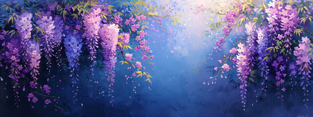 Spring wisteria blooming flowers in sunset garden. Purple japanese wisteria sinensis branch on blurred background for design greeting card, banner, poster, wallpaper, invitation with copy space