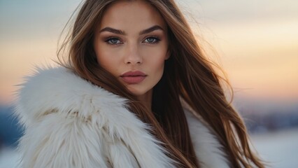 Beauty of a woman with long hair, white fur coat with long faux fur