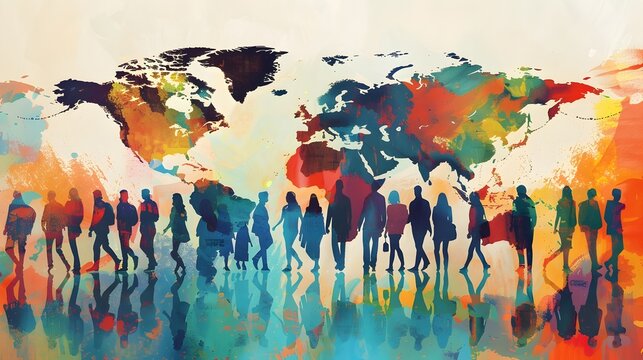 Watercolor Painting of People and World Map, To convey a sense of global connection and cultural identity through an artistic and visually striking
