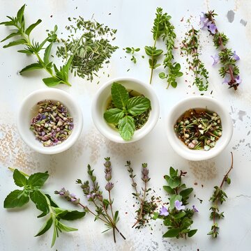 Bountiful Herbs and Spices in Bowls, To provide a visually appealing and high-quality image of a range of herbs and spices, perfect for use in