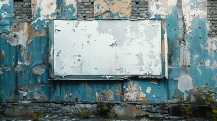 A decaying facade of an abandoned building with peeling blue paint, featuring a blank billboard as a stark contrast to its neglected state.