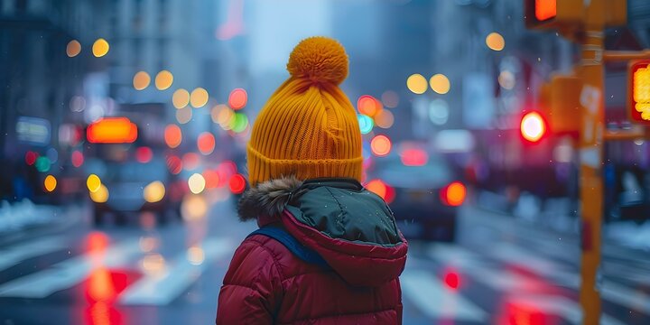 Kid lost in daydreams dangerously crosses street with red traffic light. Concept Pedestrian safety, Traffic regulations, Daydreaming, Risky behavior, Child psychology