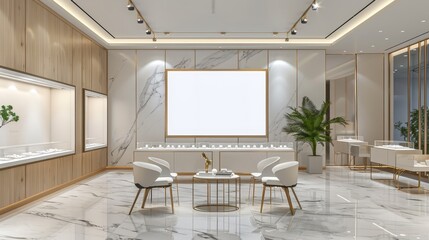 Fototapeta premium Modern and luxurious jewelry store interior featuring a minimalist design with marble floors and elegant furniture.