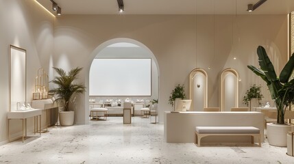 Luxurious and modern interior of a jewelry store with minimalist furniture and sophisticated lighting. - obrazy, fototapety, plakaty