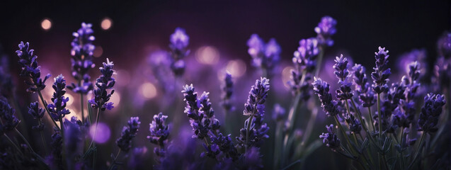 Dreamy lavender bokeh adorning a defocused midnight purple background - an enchanting banner. - obrazy, fototapety, plakaty