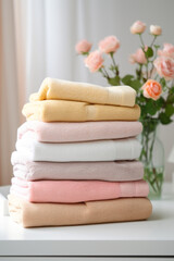 Obraz na płótnie Canvas stock photo,Neat stack of folded pastel-colored towels. spring laundry, simple, feminine palette сreated with Generative Ai
